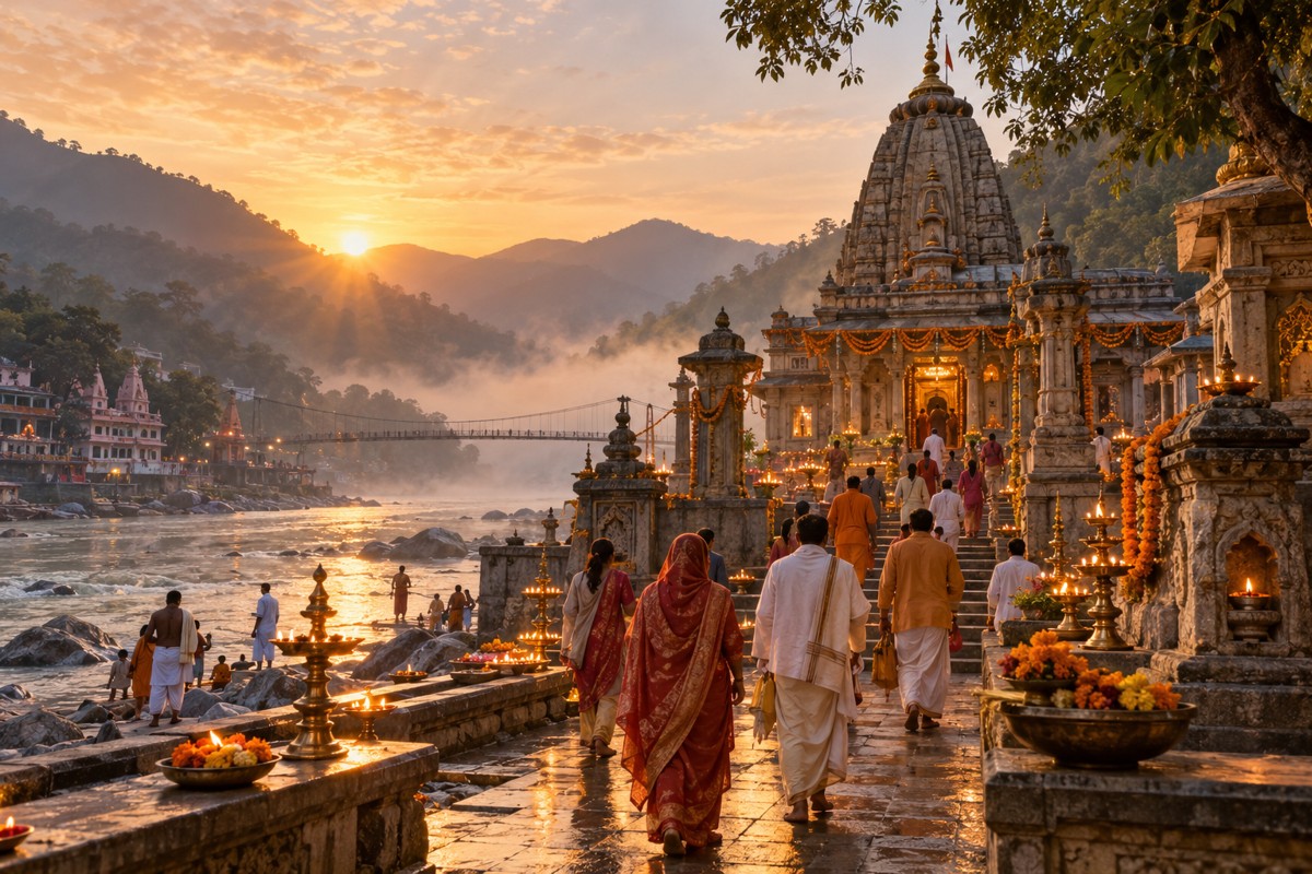Pilgrims approaching a riverside temple at sunset
